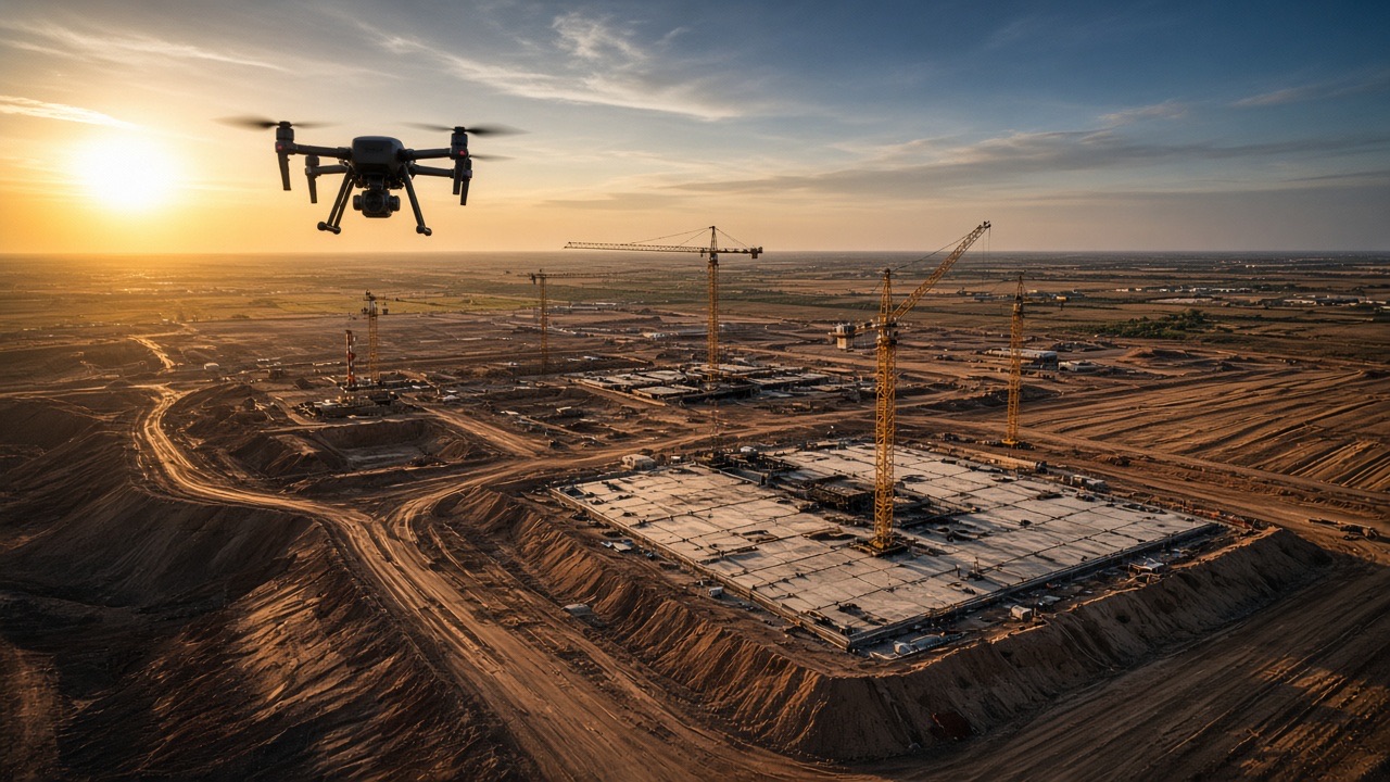 Commercial drone flying over a Texas construction site at golden hour