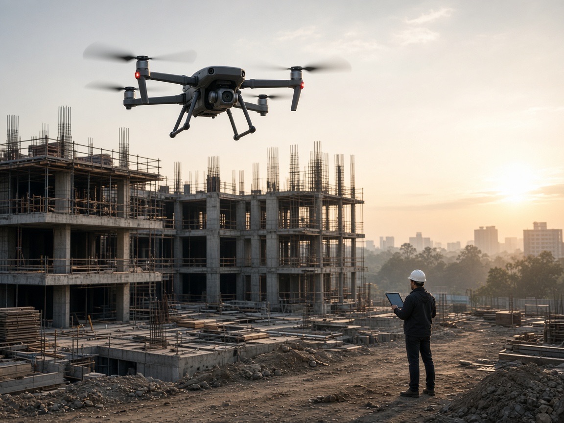 Professional commercial drone capturing aerial photography over a construction site
